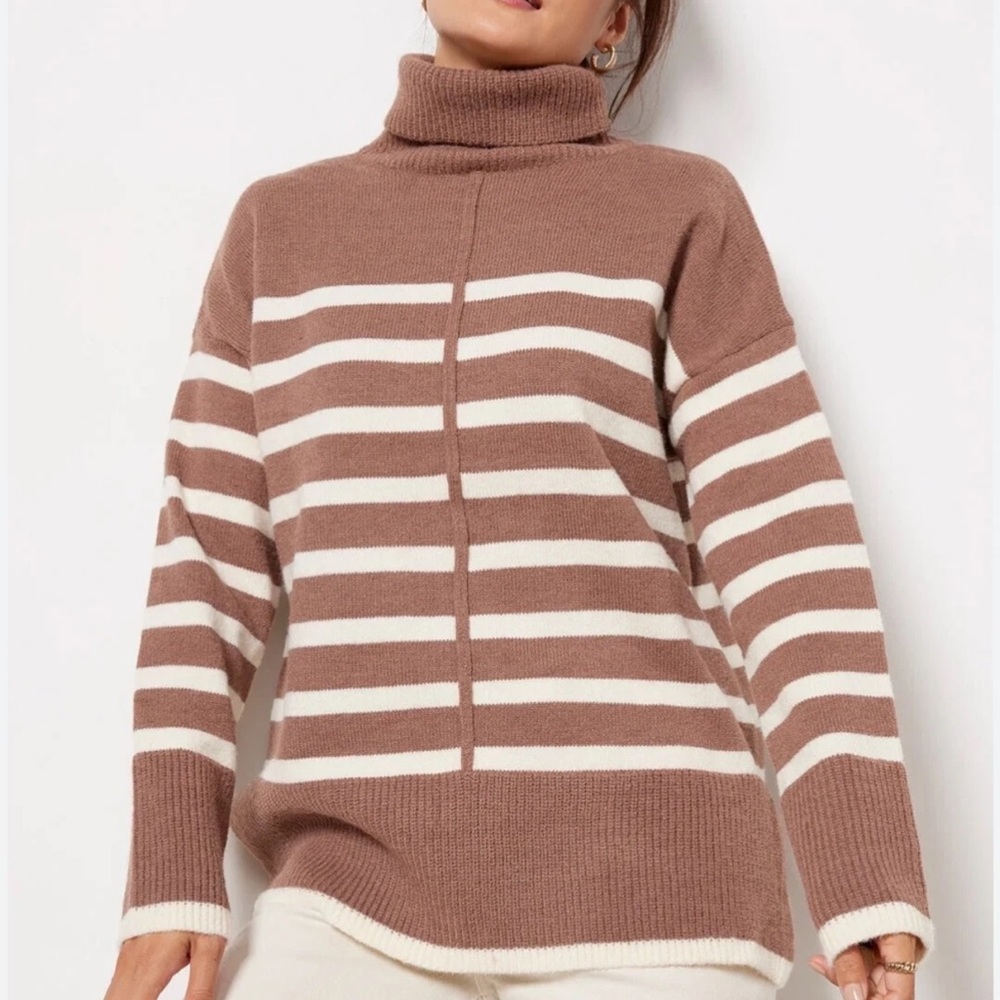 Line & Dot Brown Striped Mock Neck Sweater | Revolve | Size Large